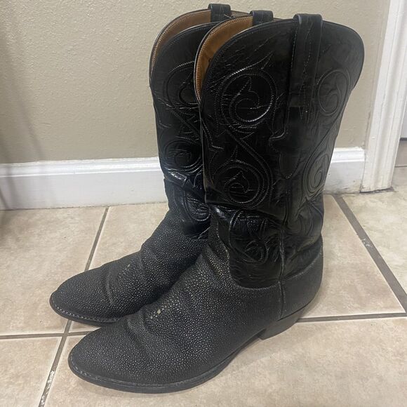 RARE Lucchese Stingray Men's 8 D Western Boots Handmade USA Black Boots